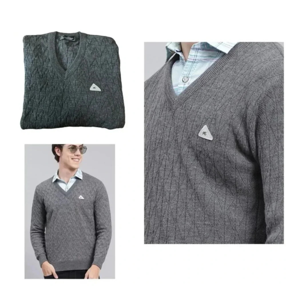 Monte Carlo Men Grey Self Design Wool blend Pullover